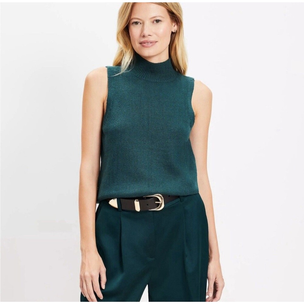 Loft Forest Green Cotton Blend Funnel Neck Sleveless Sweater Vest Women Size XL
